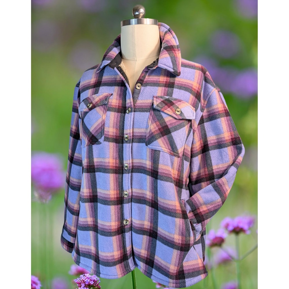 Sage Collective Purple XL Plaid Sherpa Lined Fleece Shacket Shirt Jacket